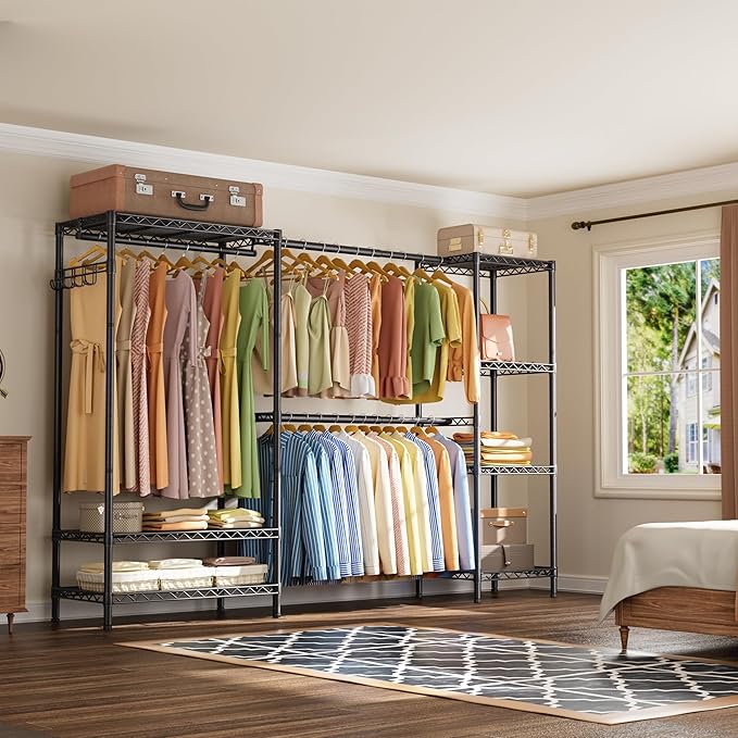 Golpart Heavy Duty Clothes Rack Metal Wardrobe with Adjustable Wire Shelves | Closet Organizers and Storage Clothing Rack Metal System Freestanding Hanging Clothes System Free Standing Garment Coat Racks