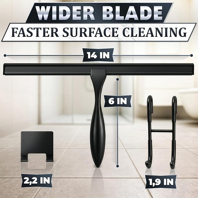 Shower Door Squeegee with Hook - 14" Silicone Blade, Stainless Steel Black Squeegee for Shower Glass with Adhesive Mount - All-Purpose Bathroom Tile, Mirror, & Window Wiper for Streak-Free Cleaning