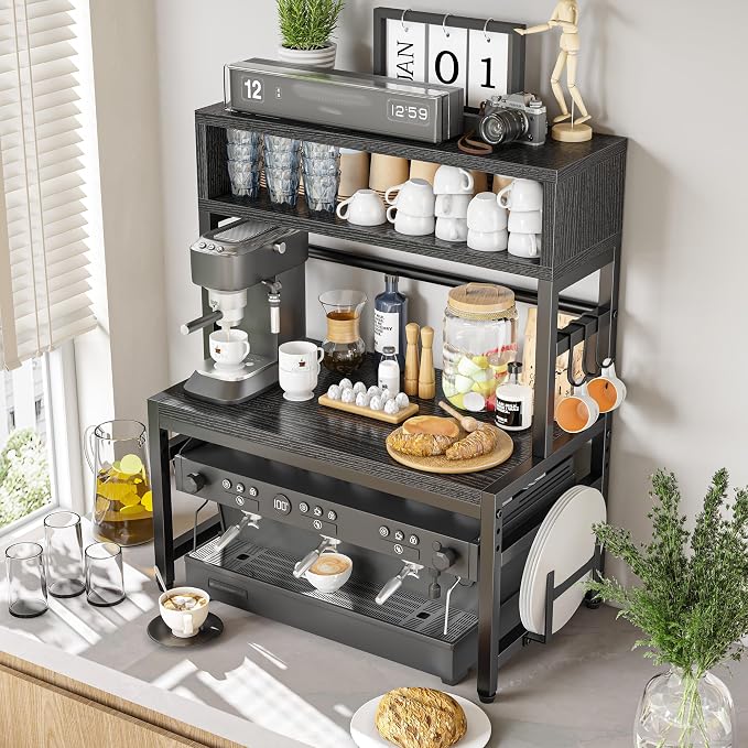 EnHomee 4-Tier Microwave Stand for Kitchen Storage, Black | 205 lb Capacity, Adjustable Kitchen Shelves with 9 Hooks & Cutting Board Rack