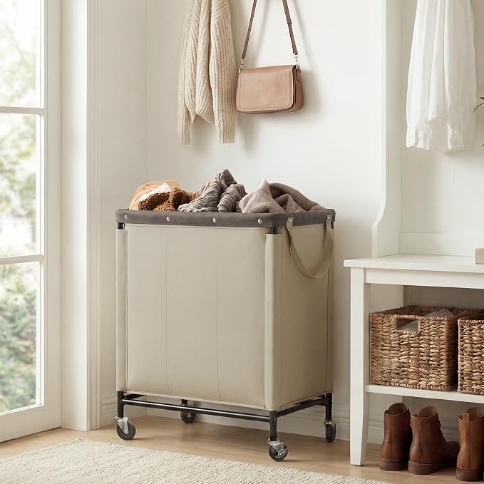 StorageWorks 3 Section Laundry Hamper, 120L Tan Sorter Cart with Wheels