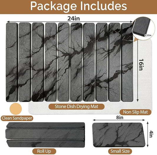 Large Stone Dish Drying Mat for Kitchen Counter, Quick Dry Stones Dishes Mats, Foldable Water Absorbing Diatomaceous Earth Drying Pad for Plate Rack Bottles Utensils (Dark Gray 24"×16" & 8"x4")