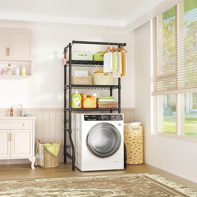 U11 Medium Over Washer and Dryer Shelves, 3 Tiers Laundry Room Storage and Organizer Standing Shelf, Metal Freestanding Clothes Drying Rack, 31.1”W x 19.7”D x 77.6”H, Black