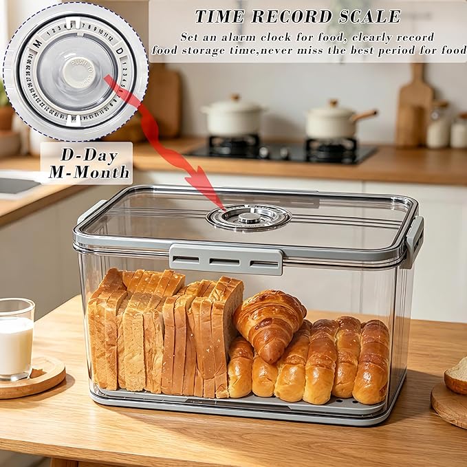 Bread Box Bread Boxes with Lid for Kitchen Counter, Airtight Loaf Bread Storage Container,Large Time Recording Bread Keeper for Homemade Bread, Toast, Bagel, Donut and Cookies ,Not dishwasher safe