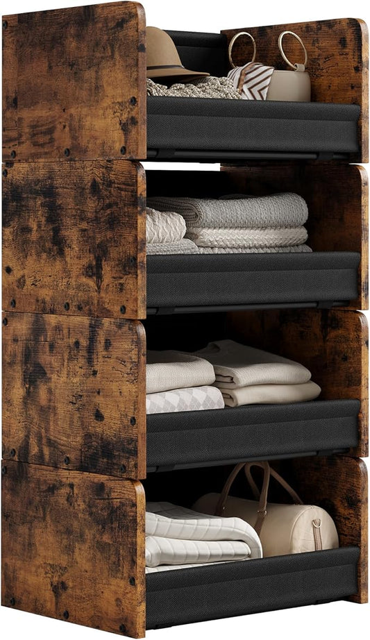 FOUCSSOMEI Closet Organizer and Storage, 4 Tier Stackable Storage Organizer, Wooden & Metal Closet Shelves, Modular Clothes Organizer, Storage Shelf, Bedroom & Closet Organization, Patent Design