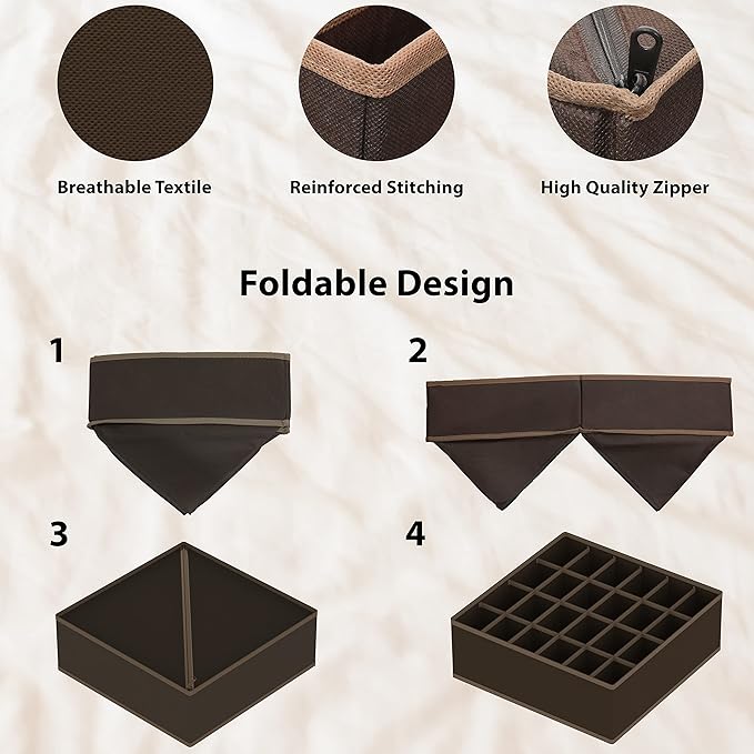 Simple Houseware 4-Pack Drawer Organizer Set for Underwear/Socks/Bra, Brown | Closet Dividers for Underwear, Socks, Bras, Scarves, Ties - Foldable Non-Woven Storage Boxes