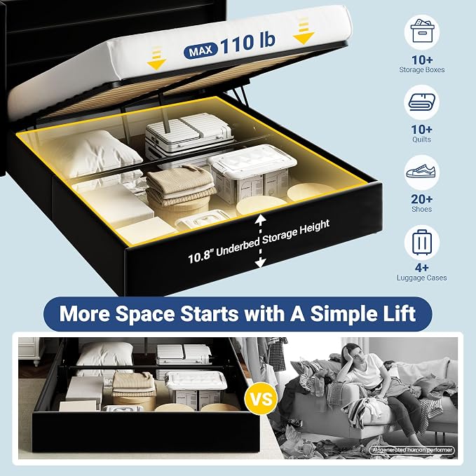 Allewie Full Size Lift Up Hydraulic Storage Bed Frame Black | Modern Wingback Headboard, Hydraulic Support Storage, No Box Spring Needed