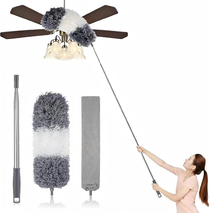 Microfiber Dusters for Cleaning,100" Professional Extension Pole Duster Kit with 2 Washable Bendable Heads,Cobweb Remover & Feather Duster for High Ceilings,Ceiling Fans,and Hard-to-Reach Areas,3PCS