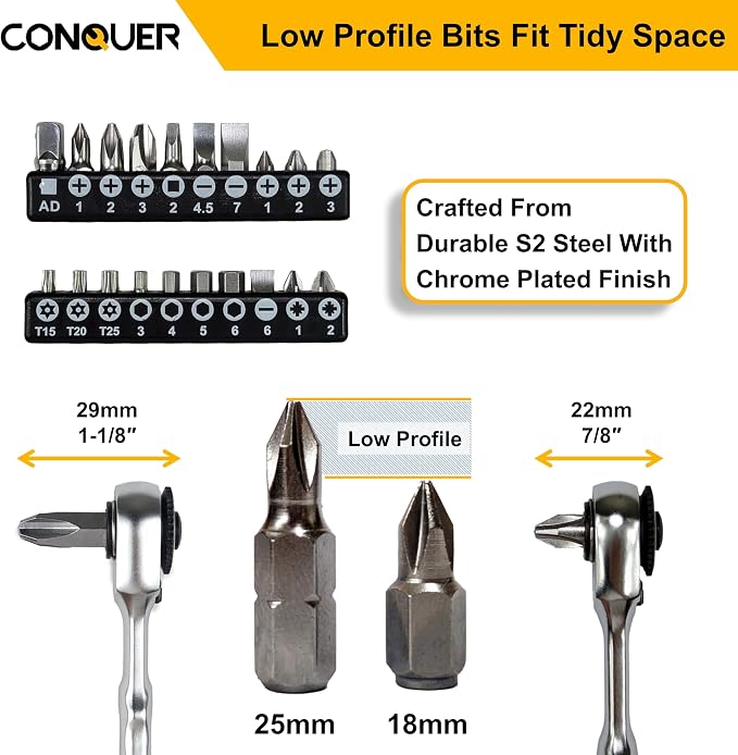 CONQUER 22pc Mini Ratchet Screwdriver Set, 1/4" Right Angle Phillips Kit | 72-tooth gear, 5° swing, 48 ft-lbs torque, Cr-V/S2 steel, spin disk, quick-release bits, EVA tray, EDC tight-space tool