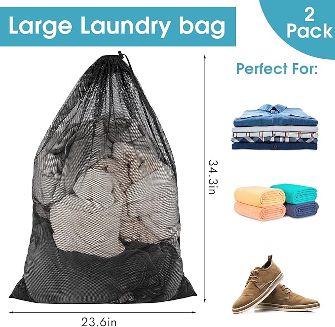 2 Pack Mesh Laundry Bags 23x34 Inch Drawstring Locking for Travel Home | Mesh bags with locking drawstring, Tear-resistant for blankets & towels, Lightweight foldable for travel/dorm