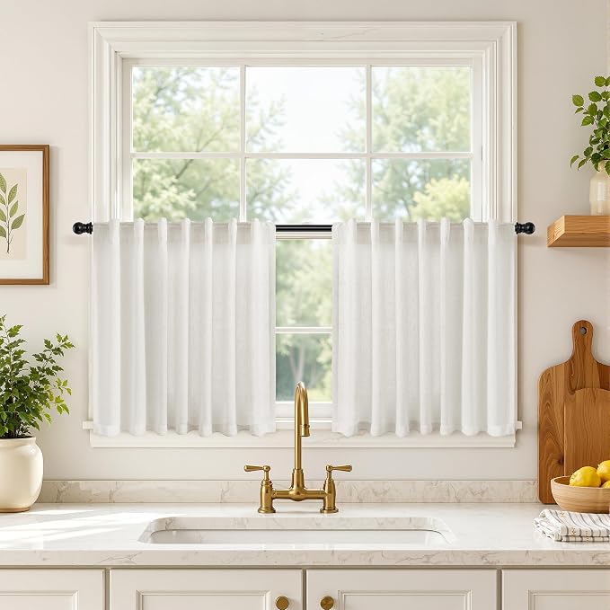 Hokibero Natural Back Tab Linen Sheer Curtains 48 Inch Length 2 Panels for Living Room Bedroom, Natural, 42x48