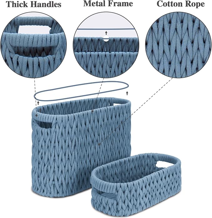 Boho Toilet Paper Storage Baskets, Cotton Rope Woven Bathroom Basket Set of 2, Standing Toilet Paper Holder for 6 Mega Rolls,Storage Bins for Toilet Tank Top, Bathroom Organizer Decor (Blue 2 Pack)