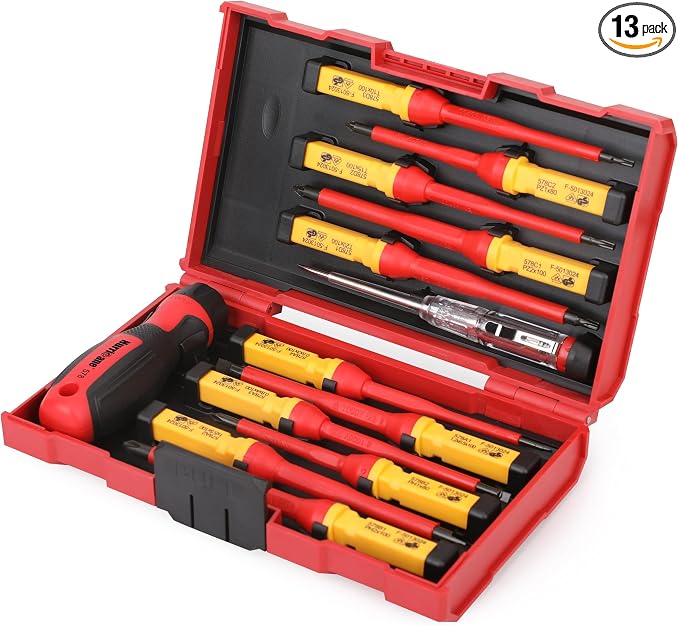 HURRICANE 13 Piece 1000V Insulated Electrician Screwdriver Set, Cr-V Magnetic Tip. 4 slotted, 2 Phillips, 2 Pozidriv, 3 Torx, 1 Electroprobe, and 1 handle. Ideal for Professional & Home Repair