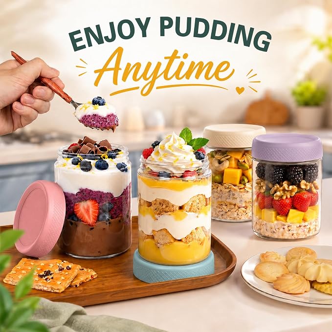 Mason Jars, 16 oz Overnight Oats Containers with Lids, Glass Jar with Lid | 6 Pack Wide Mouth Glass Mason Jars with Airtight Lids, Overnight Oats Jars for Yogurt, Meal Prep, Chia Pudding, Storage, Home