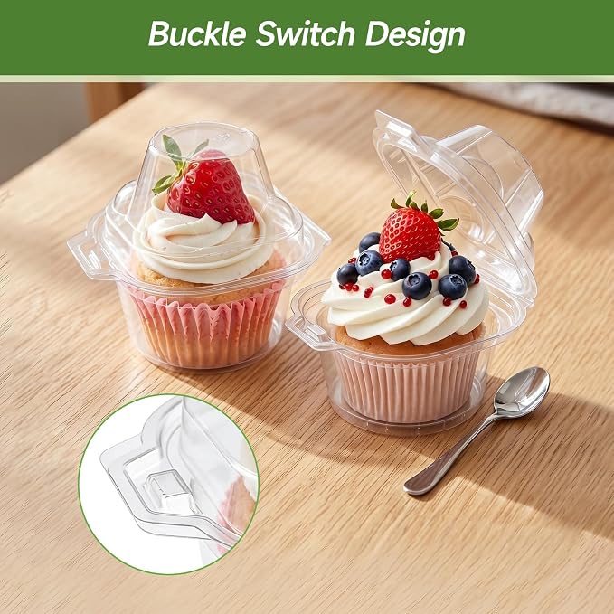 Dealusy 100 Pack Individual Cupcake Containers with Airtight Dome Lids, Clear Plastic Single Cupcake Boxes, Stackable Disposable Muffin Holders for Baking, Parties, Weddings & Picnics
