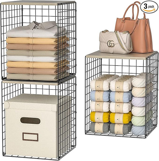 3-Pack Taller Closet Organizers and Storage with Wood Top, Stackable Wire Storage Bins for Clothes, Bags, Towels, Double Storage Design, Sturdy Metal Cube Shelf Organizer for Closet Wardrobe, Black