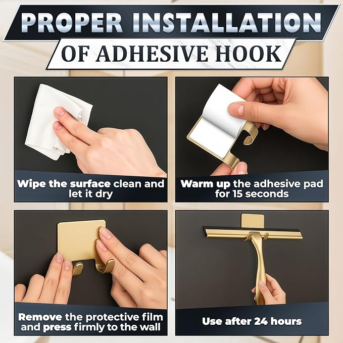 Shower Door Squeegee with Hook - 10" Silicone Blade, Stainless Steel Gold Squeegee for Shower Glass with Adhesive Mount - All-Purpose Bathroom Tile, Mirror, & Window Wiper for Streak-Free Cleaning