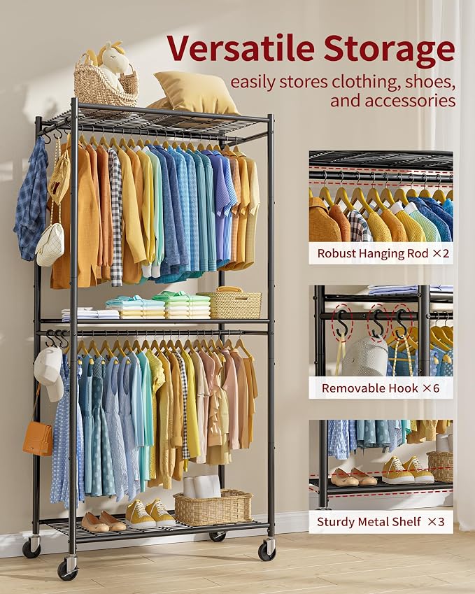 Sakugi Clothes Rack with Cover, Wardrobe Closet with Lockable Wheels, 35.4" x 17.7" x 79.7", Rust-Resistant, Black