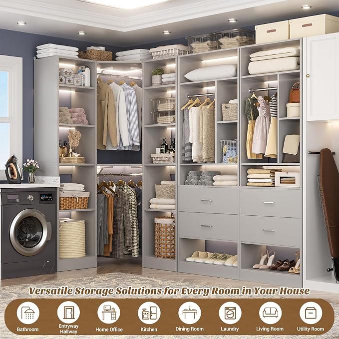 Besiost Large Corner Closet System with 3 Sets, 87.2" Closet Organizer System with 4 Drawers & 4 Hanging Rods, Reversible L Shaped Walk-in Closets, Load 2000+LBS, Grey (87.2" L x 39.2" W x 80" H)