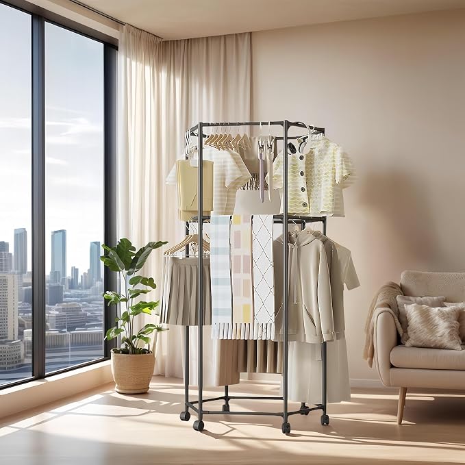 360° Rotating Multi-Tier Clothes Drying Rack with Wheels | Heavy-Duty Metal Garment Organizer for Bedroom, Closet, Balcony & Laundry Room | Space-Saving Corner Clothing Hanger Stand