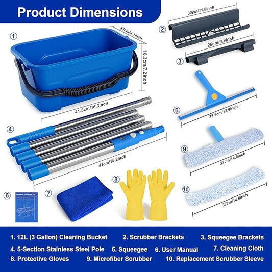 Professional Window Cleaning Kit, Window Washing Kit with 3 Gallon Bucket, 14-Inch Squeegee, 15-Inch Scrubber, 76-Inch Extendable Pole, Set of Window Cleaning Equipment for Home & Commercial Use