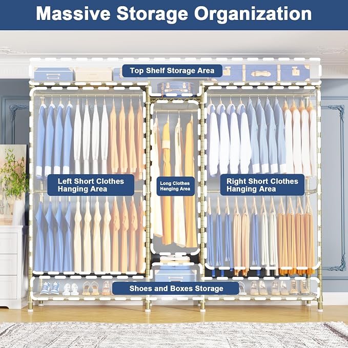 Ulif E12 Pro Clothes Rack，Heavy Duty Freestanding Garment Rack with Shelves，Metal Clothing Closet Storage System for Hanging Clothes，71" W x 16" D x 76.5" H, Hold 960 lbs，Gold