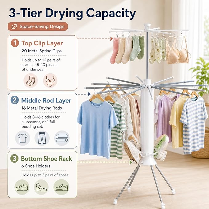 Clothes Drying Rack Foldable with Rolling Wheels, Portable Laundry Drying Rack with 16 Aluminum Arms, Stable 4-Leg Base, 360° Rotating Design for Indoor Outdoor (Double-tier without shoe rack)