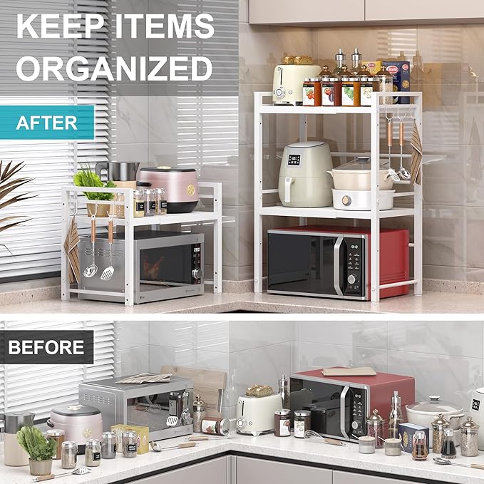 DOLALIKE Expandable Microwave Stand Kitchen Countertop Organizer, White | Adjustable Microwave Oven Rack Metal Storage Shelf with 3 Hooks for Pans Small Appliances Kitchen Utensils Tableware, 3-Ter