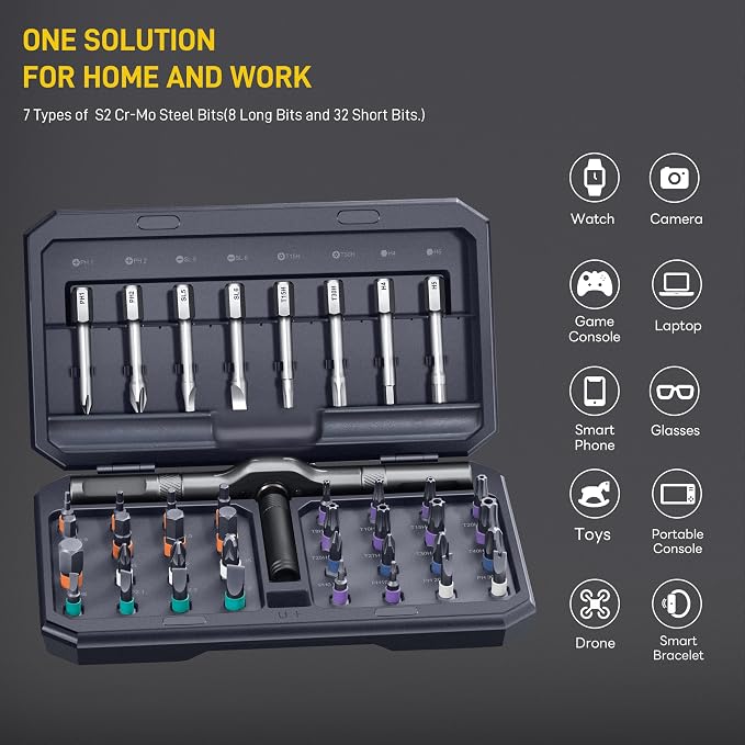 42 in 1 Magnetic Screwdriver Set, Multi Bit Ratcheting Screwdriver Set | with T Handle, Storage Case Repair Tool Kit for Computer, Eyeglass, Bicycles, Watch, Ring Doorbell, Furniture and DIY Man