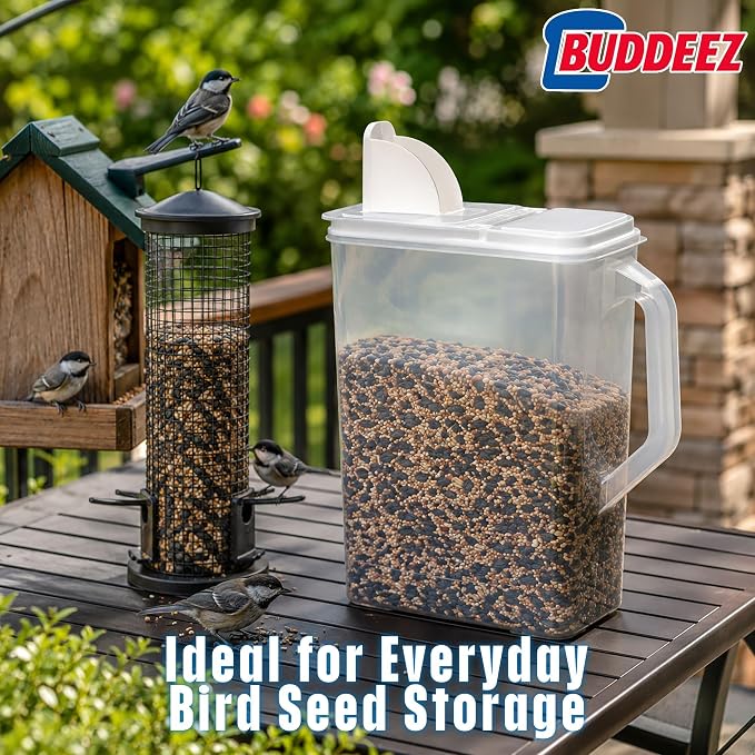 Buddeez Bulk Food Storage Container - 8 Quart All Purpose Clear & Large Pantry and Kitchen Organization and Storage - Cereal, Bird Seeds, Flour, Sugar, Rice Dispenser, EZ Grip Handle (White Lid)