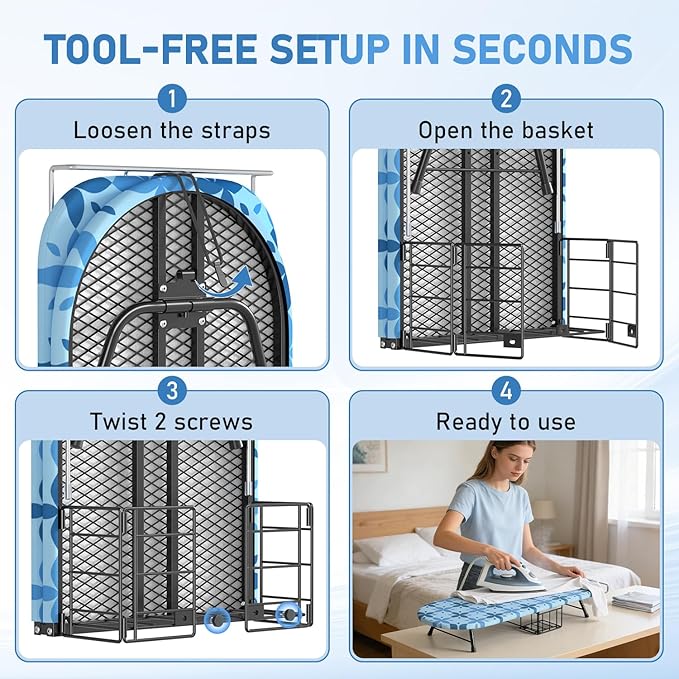 Small Ironing Board Tabletop with Iron Holder, Foldable Mini Iron Board with Iron Rest, Hook for Wall/Door Hanging, Dirt & Heat Resistant Cover, Portable for Home Apartment Travel Laundry Room Sewing