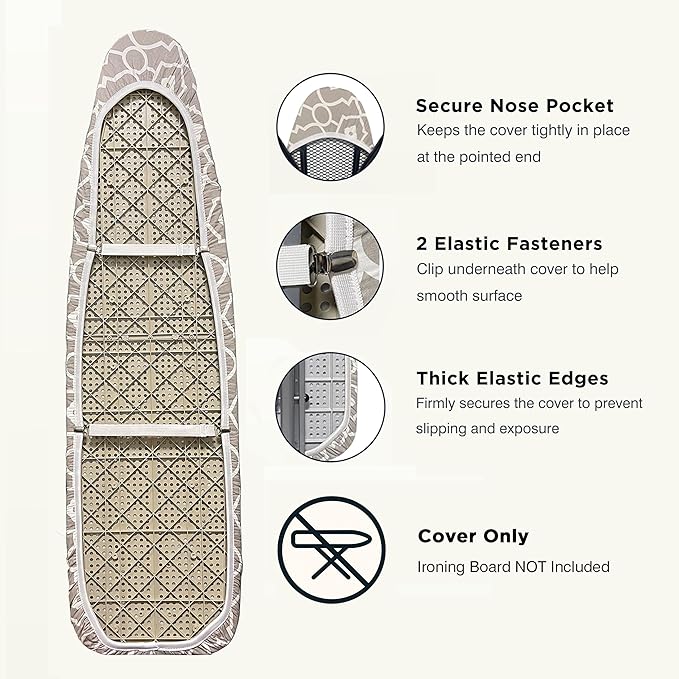 UniSimp Ironing Board Cover and Pad 15"x54" Extra Thick Natural Cotton, Scorch and Stain Resistant Padding, Standard Size Iron Board Cover with Fasteners Heavy Duty Elastic Edge, Heatproof Geometric