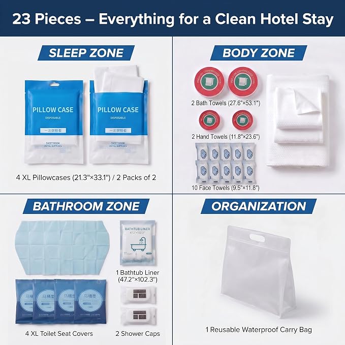 25-Pc RV Camping Hygiene Kit with Compressed Travel Towels & Covers | Includes 14 towels, 4 pillowcases, 4 toilet covers, tub liner and shower caps for RV camping, cabins, hotels and road trips.