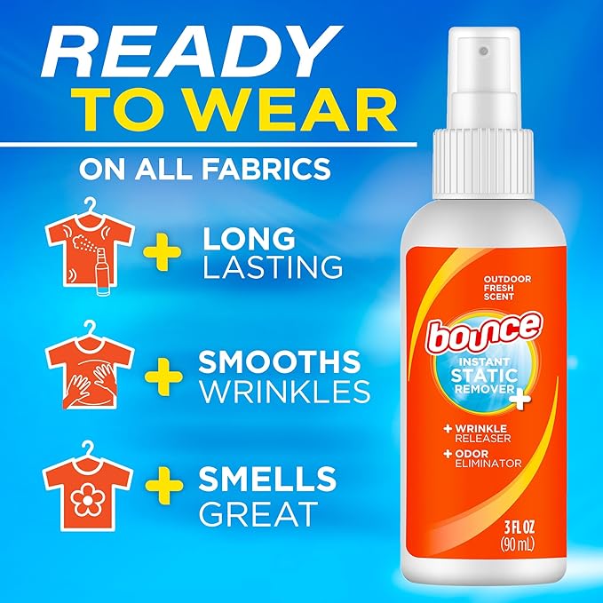Bounce Anti Static Spray, 3 in 1 Anti Static & Instant Wrinkle Release, Odor Eliminator & Fabric Refresher, Rapid Touch Travel Spray (3 Oz, Pack of 1)