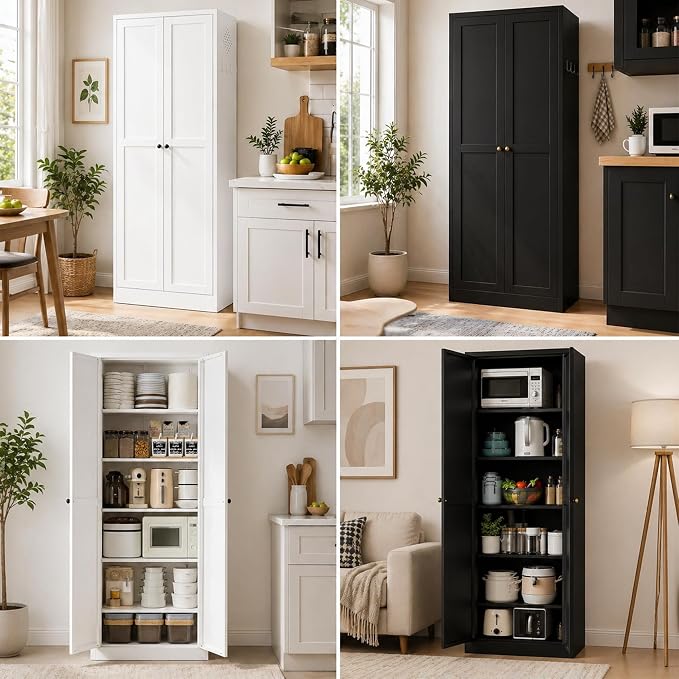 AQY Kitchen Pantry Cabinet,61" Black Pantry Storage Cabinet with 4 Tier Adjustable Shelves and 2 Doors,Freestanding Cupboard,Metal Pantry Cabinets with Handle for Living Room Kitchen Assembly Required