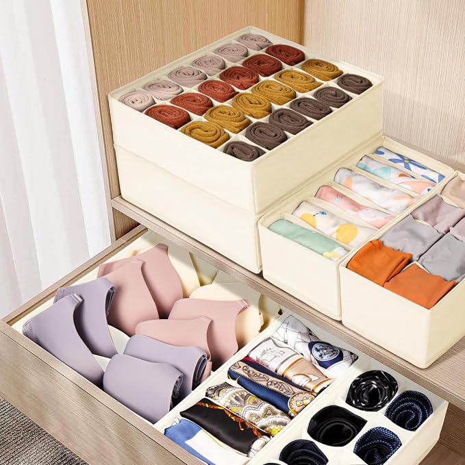 Criusia Drawer Organizer Clothes, 8 Pack Dresser Organizer Bins for Baby Clothes, Underwear Sock, Fabric Closet Organization and Storage Dividers for Nursery Bedroom (48 Compartments, Beige)