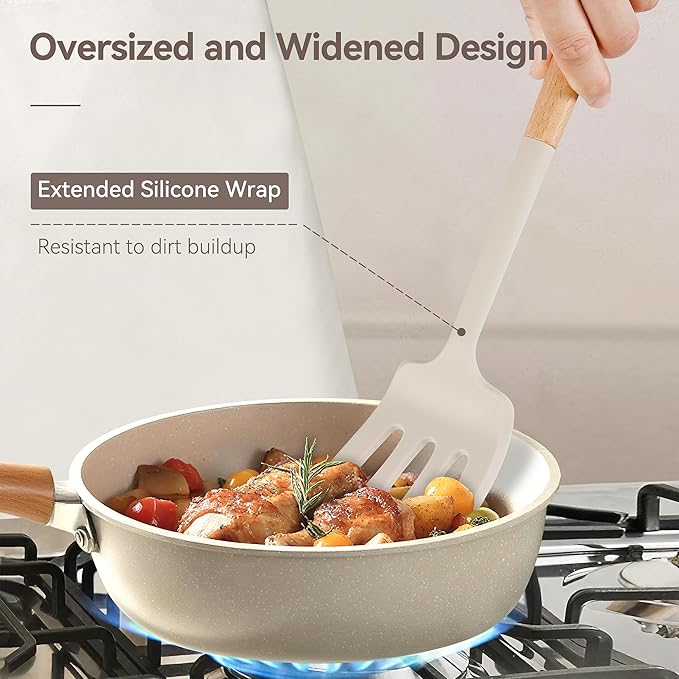 NCUE Kitchen Utensils Set, Large Non-stick Silicone Cooking Utensils Set 6 Pcs, Wooden Handle Heat Resistance Silicone Spatula Soup Ladle Pasta Server Kitchen Gadgets Utensils Set BPA Free (Khaki)