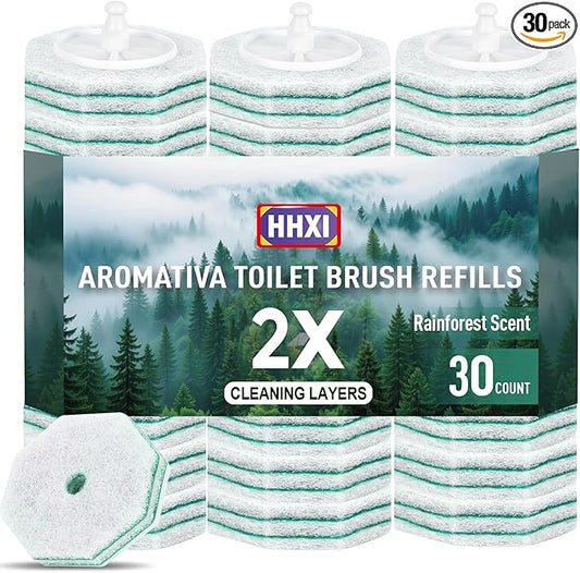 30Ct Aromative Toilet Brush Refills, Toilet Bowl Cleaner Refills, Double-Layer Cleaning Pads Added, Compatible with Most Toilet Brushes，Rainforest Scent（Patented）