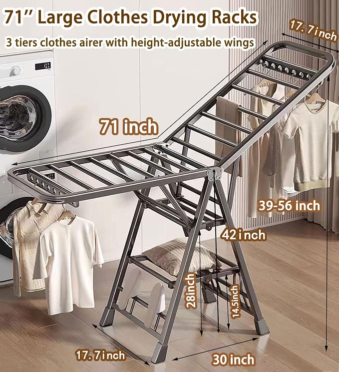 Large Clothes Drying Rack Foldable, 3-Level Metal Laundry Dryer Stand | Lightweight，Easy to Use＆Fold，Sturdy, Height-Adjustable, Movable, Complete with Heavy Items，Space Saving Clothes Dryer