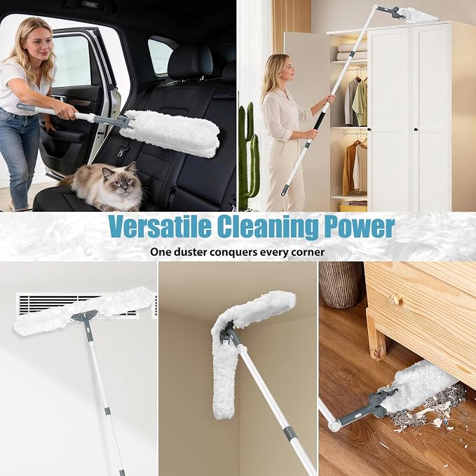 Microfiber Ceiling Fan Cleaner Duster with Extension Pole 59" | 360° Adjustable Head/ Washable/27.5 inch Wide Long Duster for Cleaning Ceiling Fan/High Ceiling/Wall/Blinds/Furniture/White
