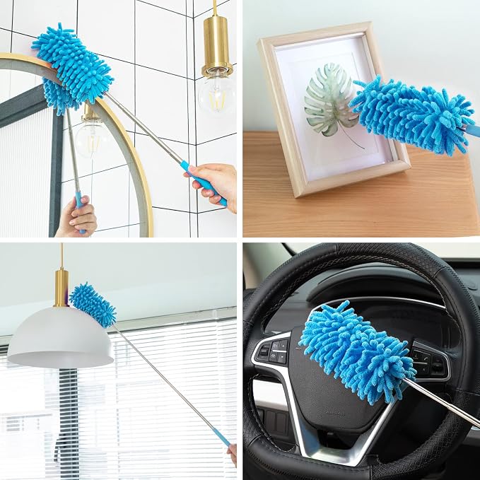 Duster for Cleaning, 10-29" Extension Pole, 2 Washable Heads, Blue | Microfiber Heads, Wet Or Dry, Detachable, Hand Washable, Easy Storage, For Cars, Offices, Windows, Furniture And Ceiling Fan