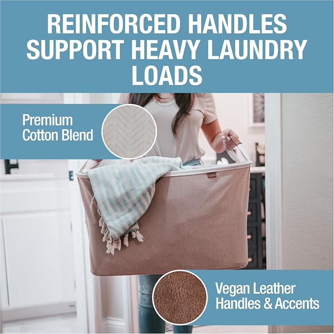 CleverMade LUXE Collapsible Laundry Basket, 60L, 2 Pack, Cream | Cotton-blend fabric and vegan leather accents elevate visible storage. Each basket supports 55 lb and folds flat.
