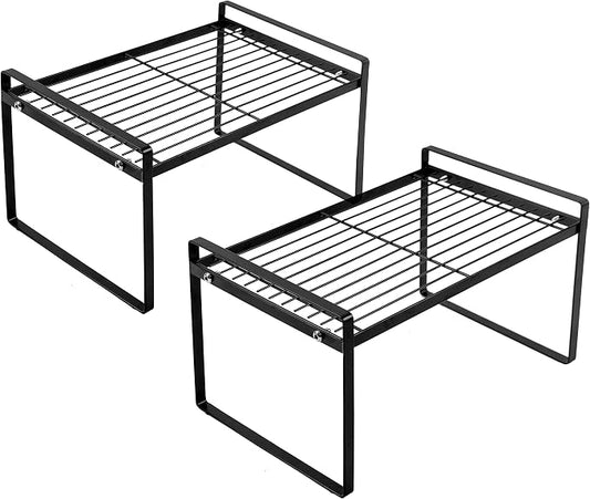 Shantton 2 Pack Kitchen Cabinet Shelf Counter Organizer Rack Pantry Storage Bathroom Bedroom Office Table Desk Space Saving Steel Frame Stackable Rust Resistant Non Slip Black