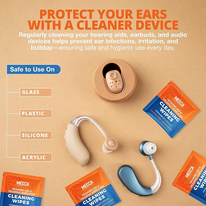 Hearing Aid Cleaning Wipes - 100 Individually Wrapped Pre-Moistened Alcohol-Free Wipes for Hearing Aids, Amplifiers, Earbuds, Audio & Electronics - Portable, Quick-Drying, Gentle, Daily Use & Travel