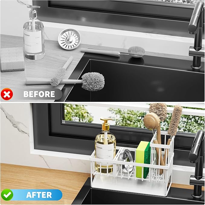 Cisily Sink Caddy Sponge Holder - Stainless Steel Rustproof, High Brush Holder, Dish Sponge Organizer with Divider (White)