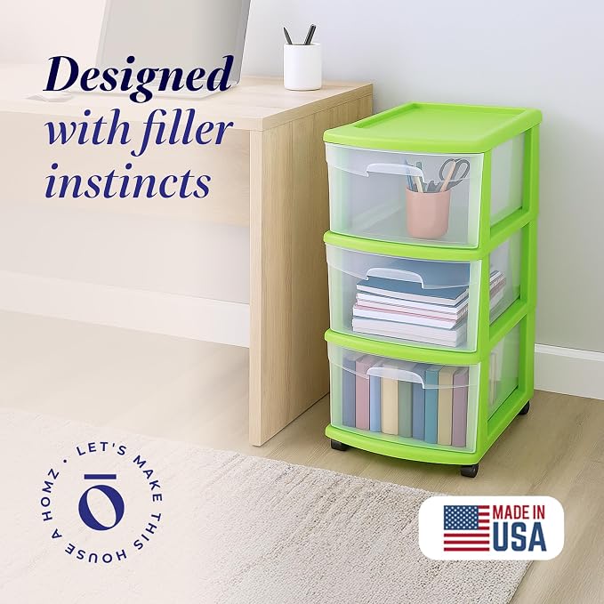 Homz 3 Drawer Plastic Storage and Organizer Cart, Rolling Cabinet for Home, Office, Classroom, Craft, Art Supplies, Bold Lime Frame with Clear Drawers