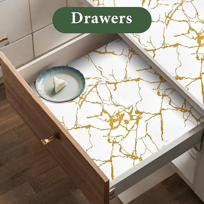 Drawer and Shelf Liner for Kitchen Cabinet Non Slip Waterproof | Shelf Paper 12 in X 20 Ft Non Adhesive Refrigerator Liners Gold White Marble Easy Liners for Bathroom Cupboard