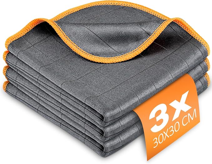 Airlab Glass Polishing Cloth Streak Free Miracle Cleaning Cloth Lint Free Microfiber Cleaning Rags for Glasses Kitchen Dish Mirrors Easy Clean, Pack of 3, 12" x 12", Grey-Orange