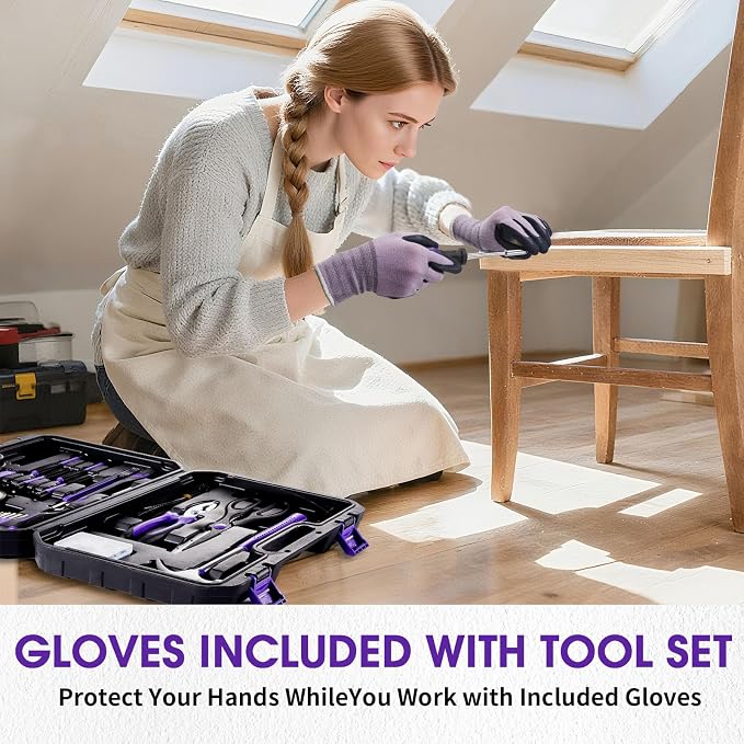 General Household Tool Set - Purple Hand Tool Kit with Waist Pouch & Gloves, Tool Kit for Women Everyday Home Repairs, DIY and Crafts, 112 pcs