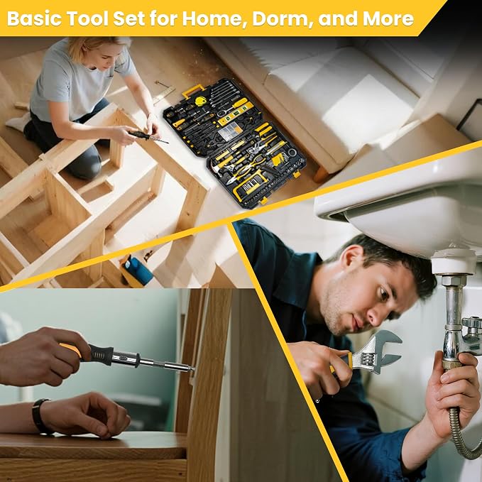 168-Piece Tool Set with Screwdrivers Ratchet Wrenches Tool Kit for Home | Tool Set with Socket Wrenches, Hand Saw, Hammer General Tool Kit for Dorm, Motorcycle, Plumbing Repairs