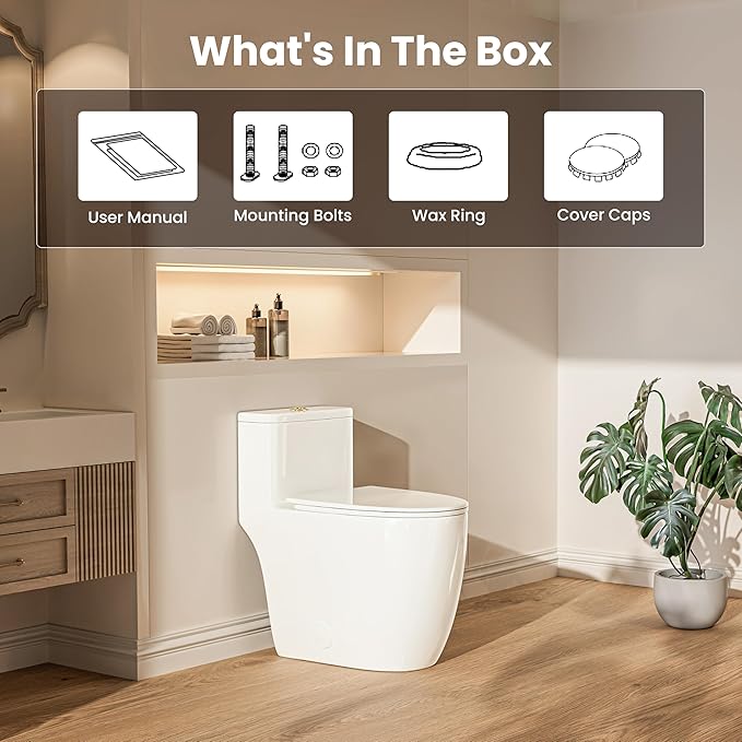 Casta Diva Elongated One Piece Toilet with 17.5" Comfort Chair Height Seat Modern Toilets for Bathroom, High Efficiency Dual Flush 1.0/1.28 GPF & MAP 1000g, 12'' Rough-in, Golden Flush Button